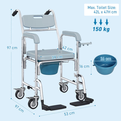 4 in 1 Shower Chair with Wheels, Bedside Commode Wheelchair, Grey