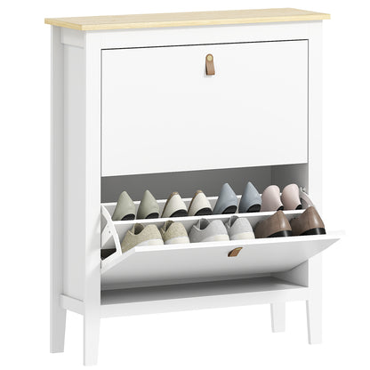 2 Drawer Shoe Cabinet with Flip Doors for Hallway, Entryway, White