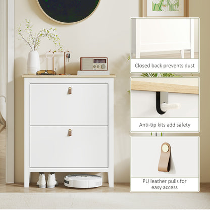 2 Drawer Shoe Cabinet with Flip Doors for Hallway, Entryway, White