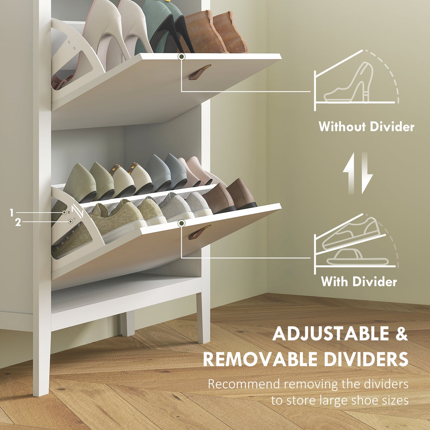 2 Drawer Shoe Cabinet with Flip Doors for Hallway, Entryway, White