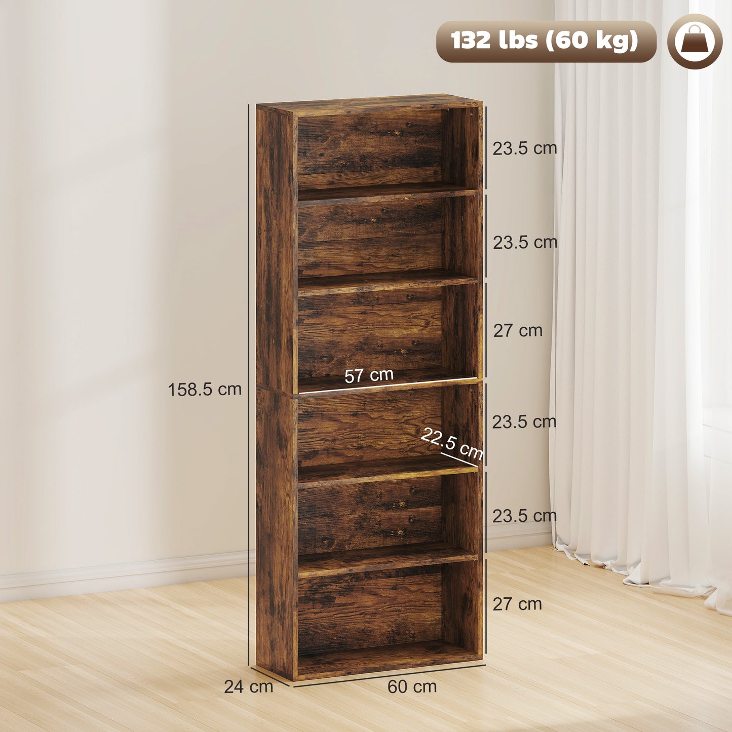 6 Tier Bookshelf, Freestanding Bookcase with Adjustable Shelves, Brown