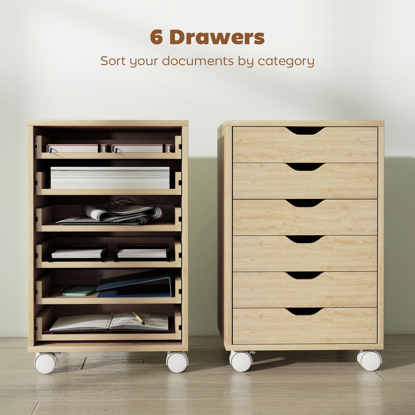 6 Drawer Vertical File Cabinet with Quiet Drawers and Wheels, Oak