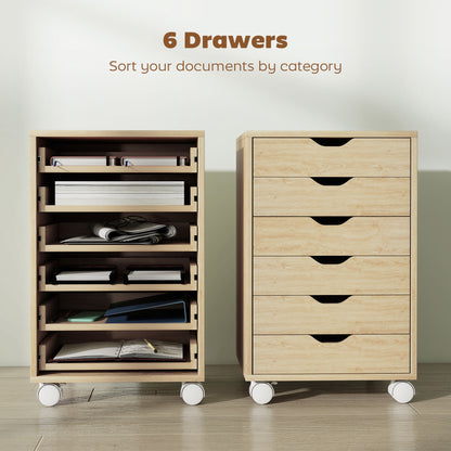 6 Drawer Vertical File Cabinet with Quiet Drawers and Wheels, Oak