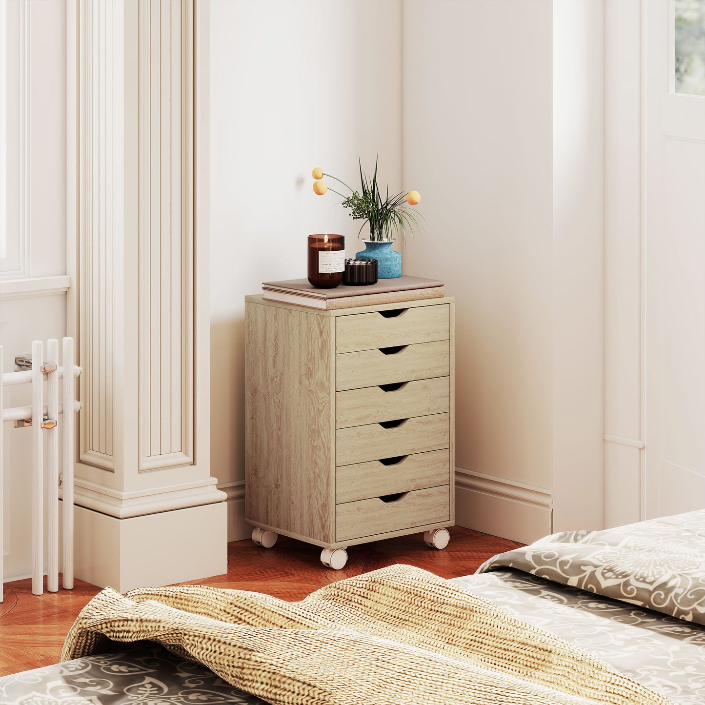 6 Drawer Vertical File Cabinet with Quiet Drawers and Wheels, Oak