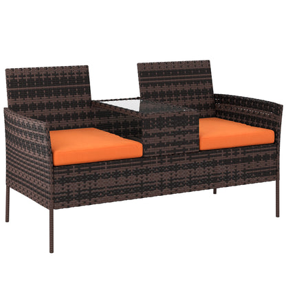 Rattan Garden Bench w/ Glass Tea Table, Wicker Chair w/ Cushions