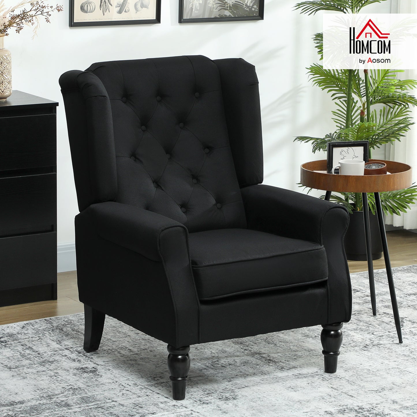 Accent Chair Wingback Armchair Retro Tufted Club Wood Fabric, Black