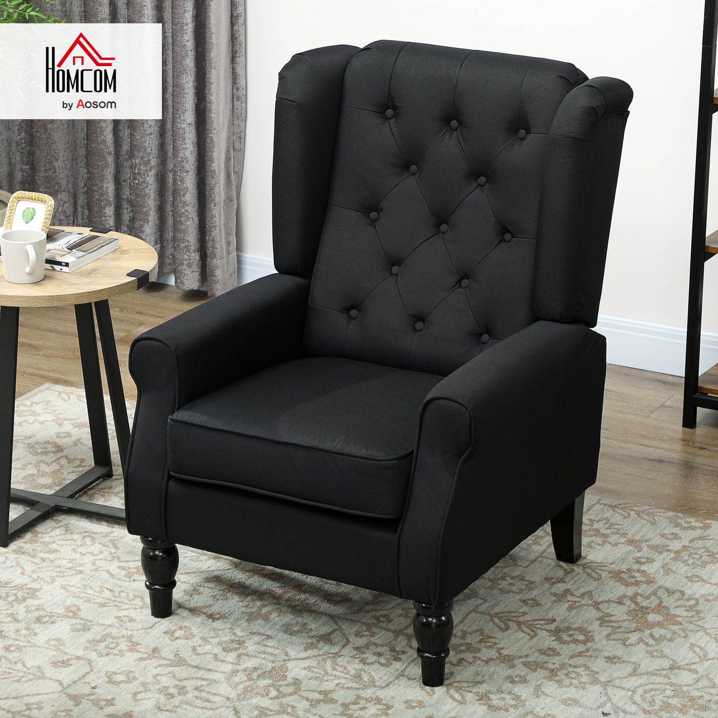 Accent Chair Wingback Armchair Retro Tufted Club Wood Fabric, Black