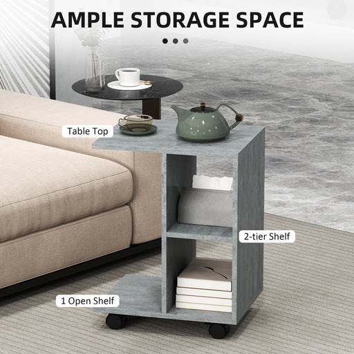 C-Shape End Table Storage Unit w/ 2 Shelves 4 Wheels Home Office Grey