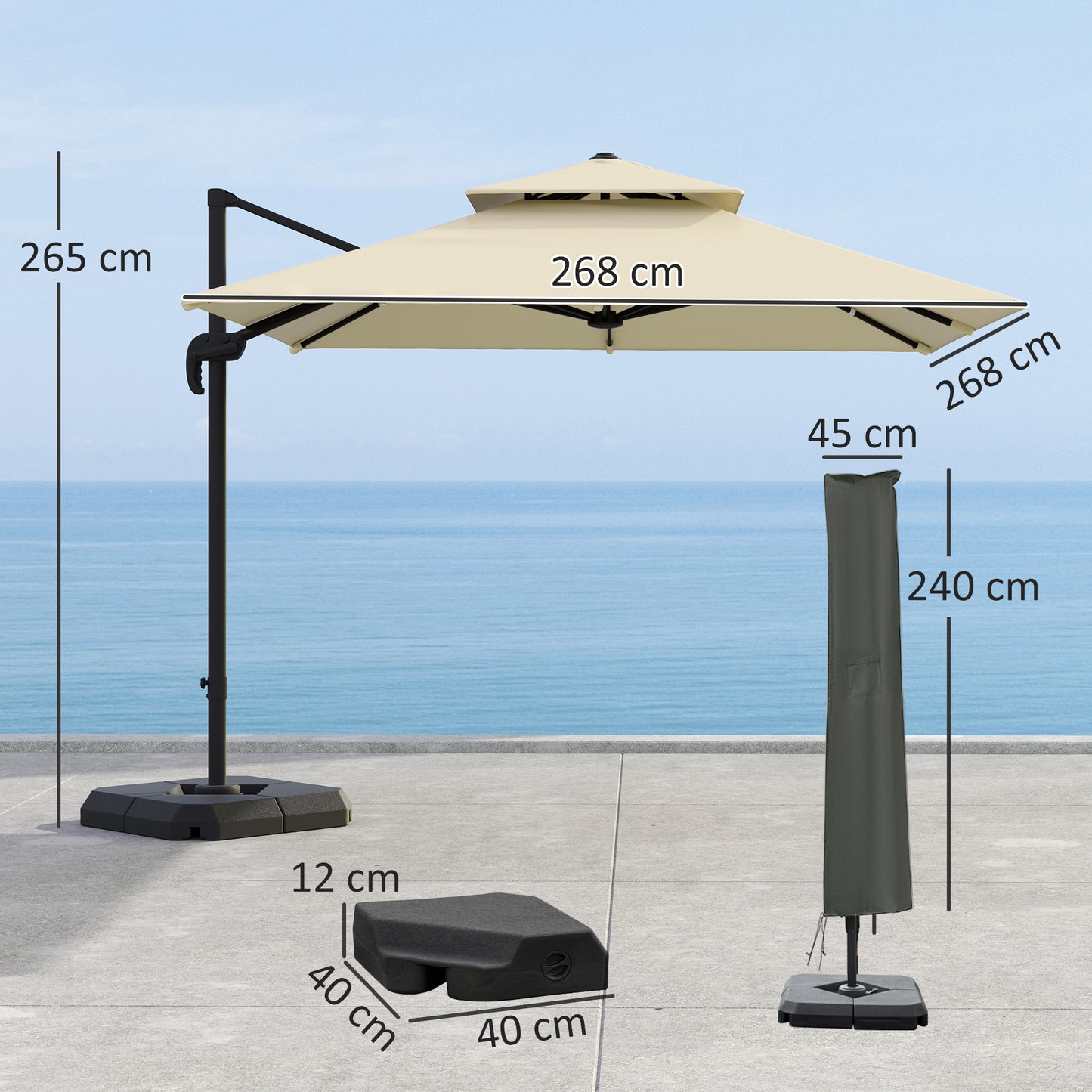 360° Cantilever Parasol Roma Umbrella w/ Base Weights, Khaki