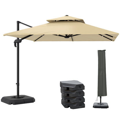 360° Cantilever Parasol Roma Umbrella w/ Base Weights, Khaki