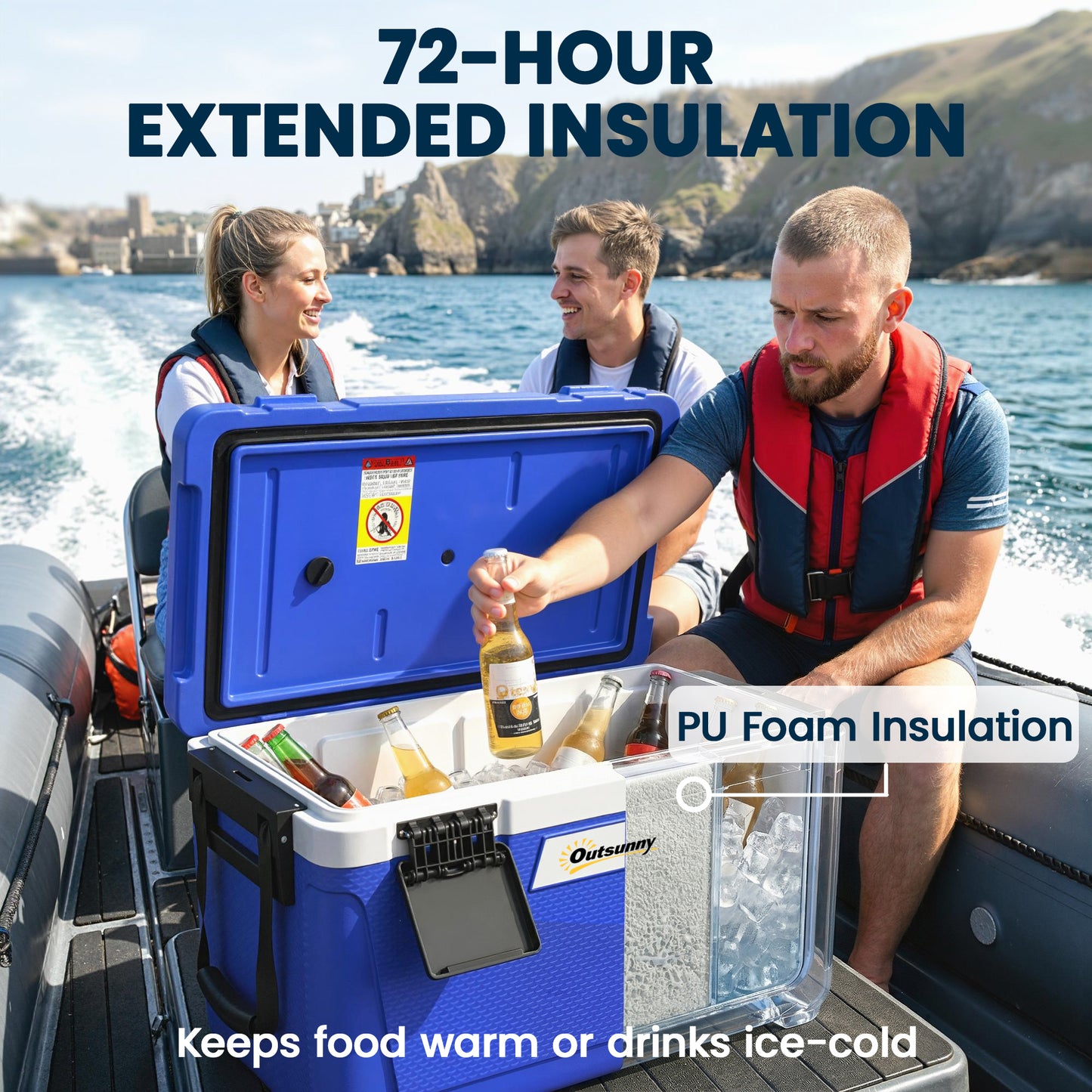 42.6L Insulated Cool Box, Portable Ice Cooler with Handle, Blue
