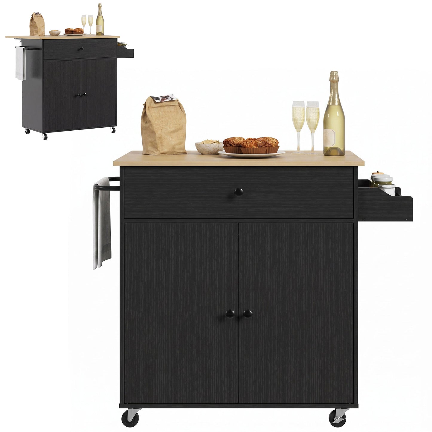 Kitchen Island with Drop Leaf, Rolling Kitchen Storage Trolley, Black