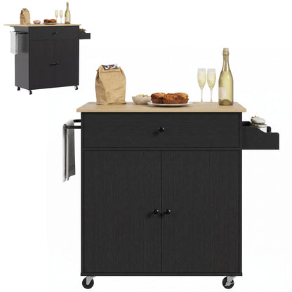 Kitchen Island with Drop Leaf, Rolling Kitchen Storage Trolley, Black