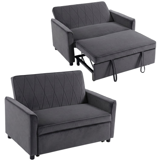 2 Seater Sofa Bed, 3-in-1 Convertible Pull Out Sleeper Sofa, Velvet Loveseat Bed Settee with Clik-Clack Adjustable Backrest, High-Density Foam for Living Room, Bedroom, Guest Room, Dark Grey