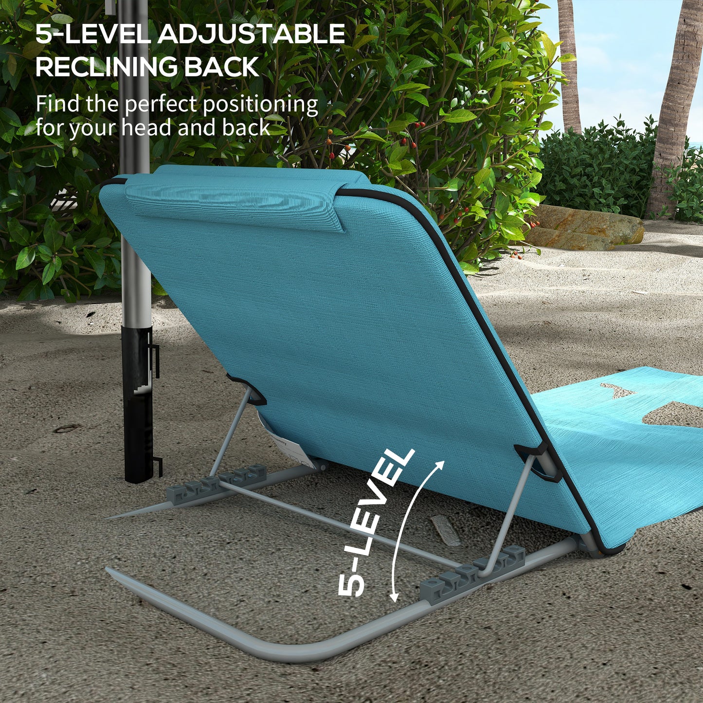 Set of 2 Foldable Garden Beach Chair Mat Lightweight Outdoor Sun Lounger Seats Adjustable Back Metal Frame PE Fabric Head Pillow, Sky Blue