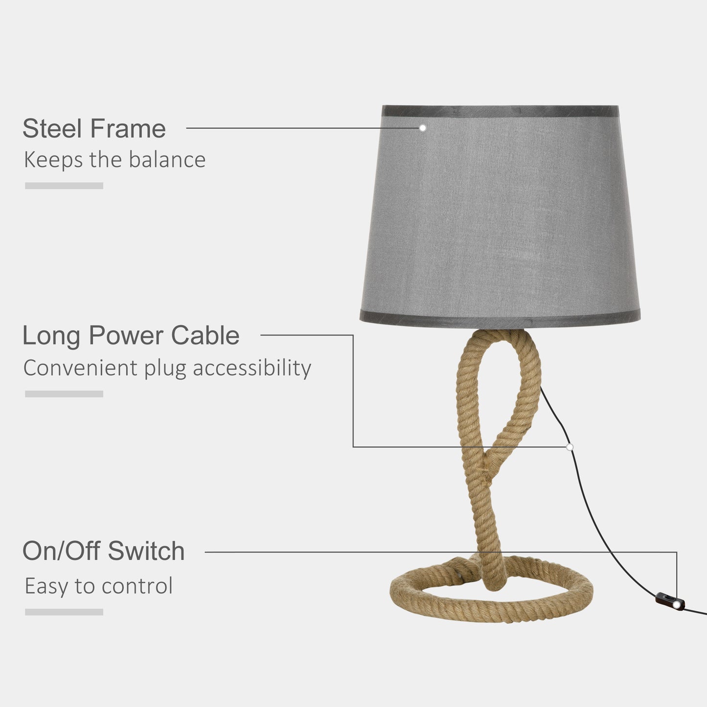 Nautical Table Lamp w/ Rope Base, Desk Fabric Light, Bedroom Living room