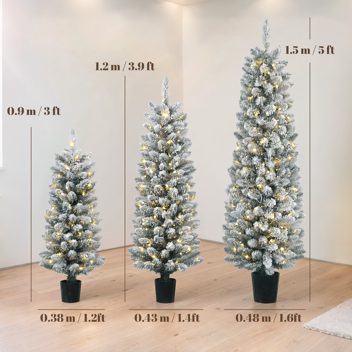 Prelit Snowy Flocked Artificial Christmas Tree Set of 3, 3FT/4FT/5FT