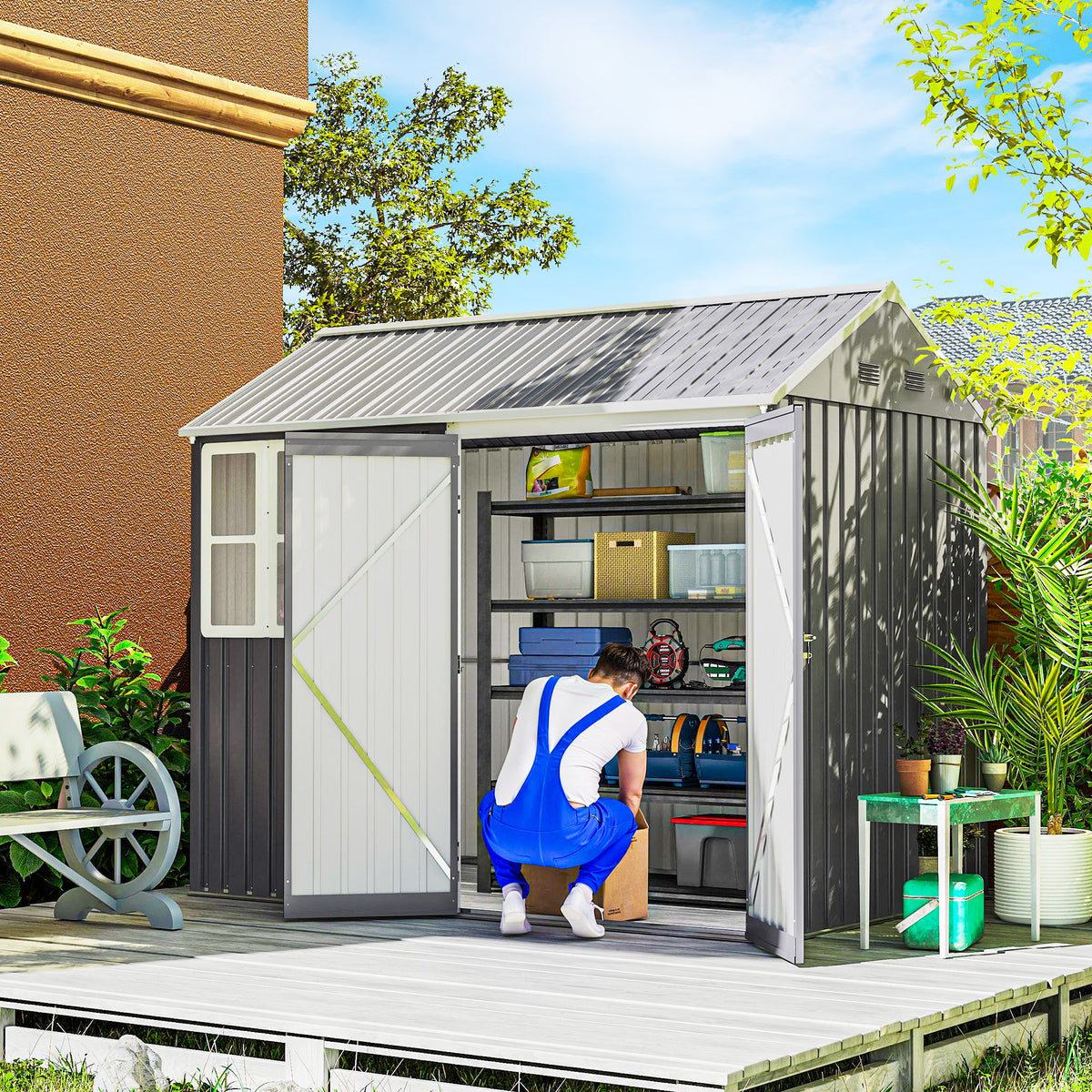 8x6ft Metal Garden Shed Outdoor Storage Shed w/ Doors Window, Grey