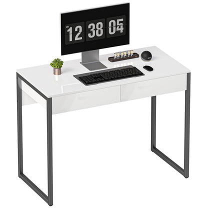 Modern Home Office Desk with High Gloss 2 Drawers Finish White Black