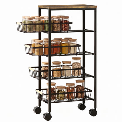 Metal Kitchen Trolley with Pull-Out Baskets, Rustic Brown