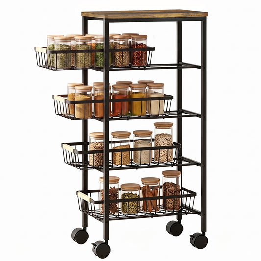 Metal Kitchen Trolley with Pull-Out Baskets, Rustic Brown