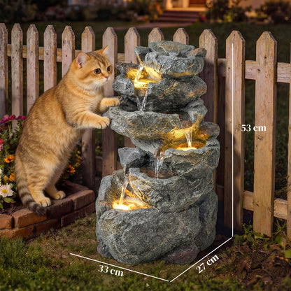 Outdoor Water Fountain with 6-Tier Rock Style, LED Lights, Grey