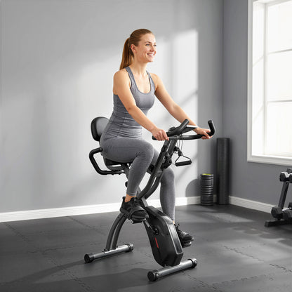 3-In-1 Folding Exercise Bike with Resistance Bands, Indoor Stationary Bike with Bluetooth App, Quiet 8-Level Magnetic Resistance, LCD Display, Pulse Sensor, Adjustable Seat, Wheels, Black