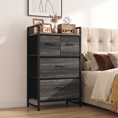 4-Drawer Fabric Chest with Top Shelf and Steel Frame - Grey & Black
