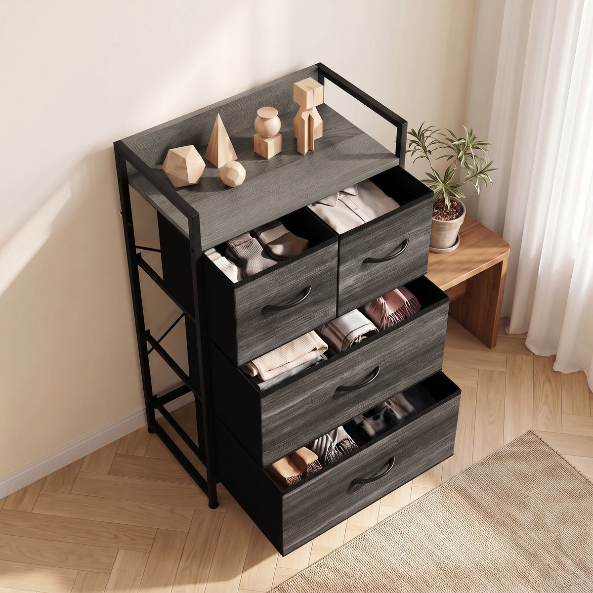4-Drawer Fabric Chest with Top Shelf and Steel Frame - Grey & Black