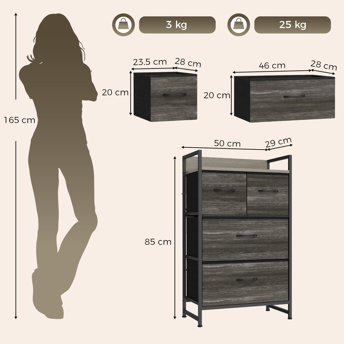 4-Drawer Fabric Chest with Top Shelf and Steel Frame - Grey & Black