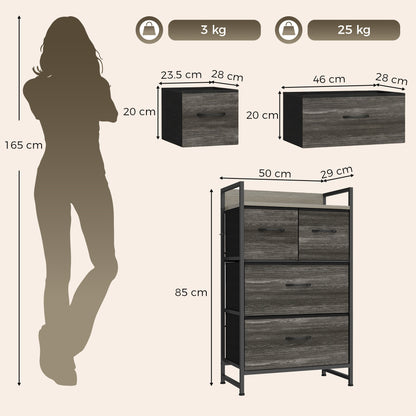 4-Drawer Fabric Chest with Top Shelf and Steel Frame - Grey & Black