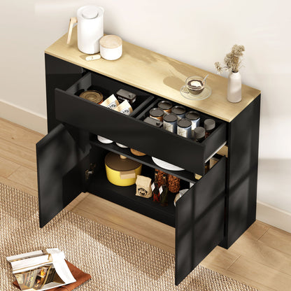 Sideboard, Storage Cabinet with 2 Drawers, 3 Open Shelves, Black