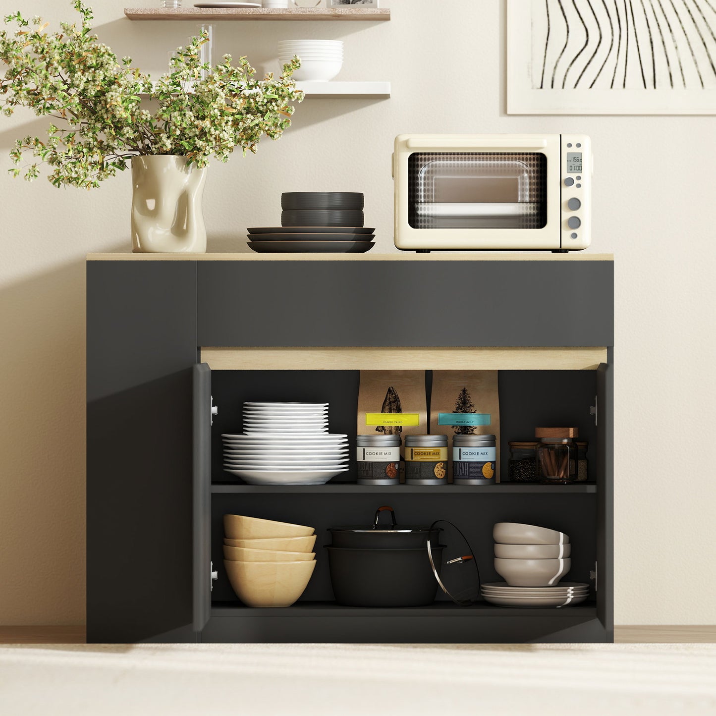 Sideboard, Storage Cabinet with 2 Drawers, 3 Open Shelves, Black