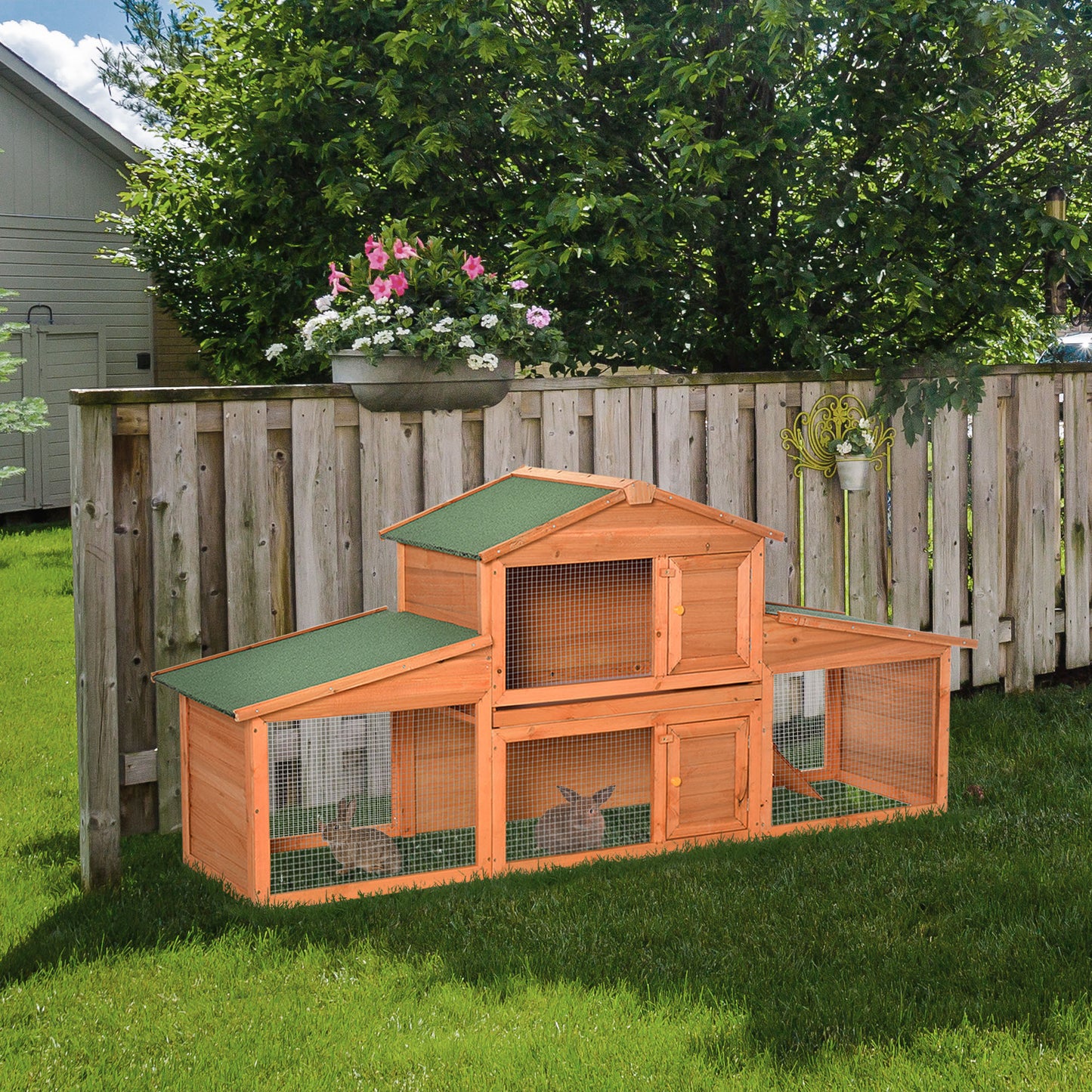 Rabbit Hutch, Guinea Pig Hutch Outdoor Wooden House w/ Run, Green