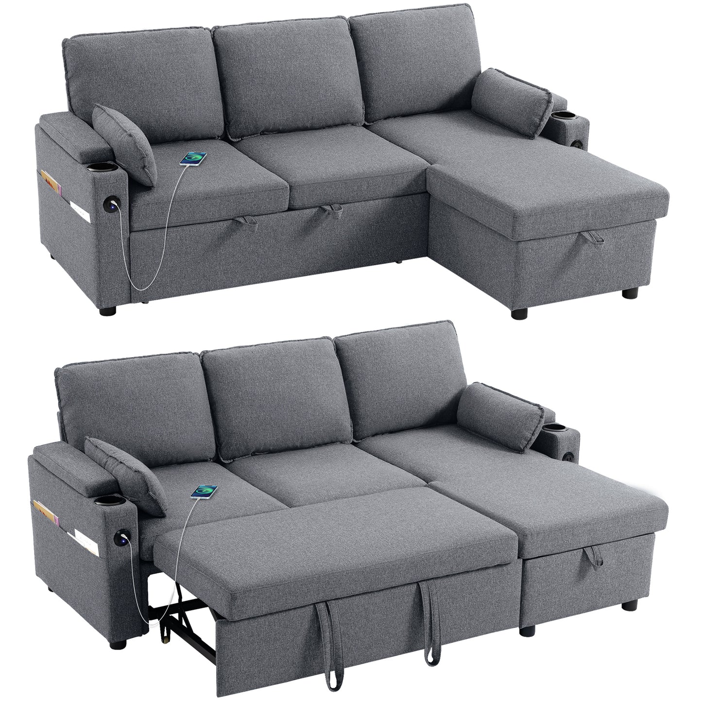 Corner Sofa Bed, L Shaped Sofa with Storage Chaise, USB Ports, Grey