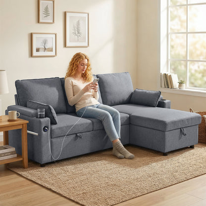 Corner Sofa Bed, L Shaped Sofa with Storage Chaise, USB Ports, Grey