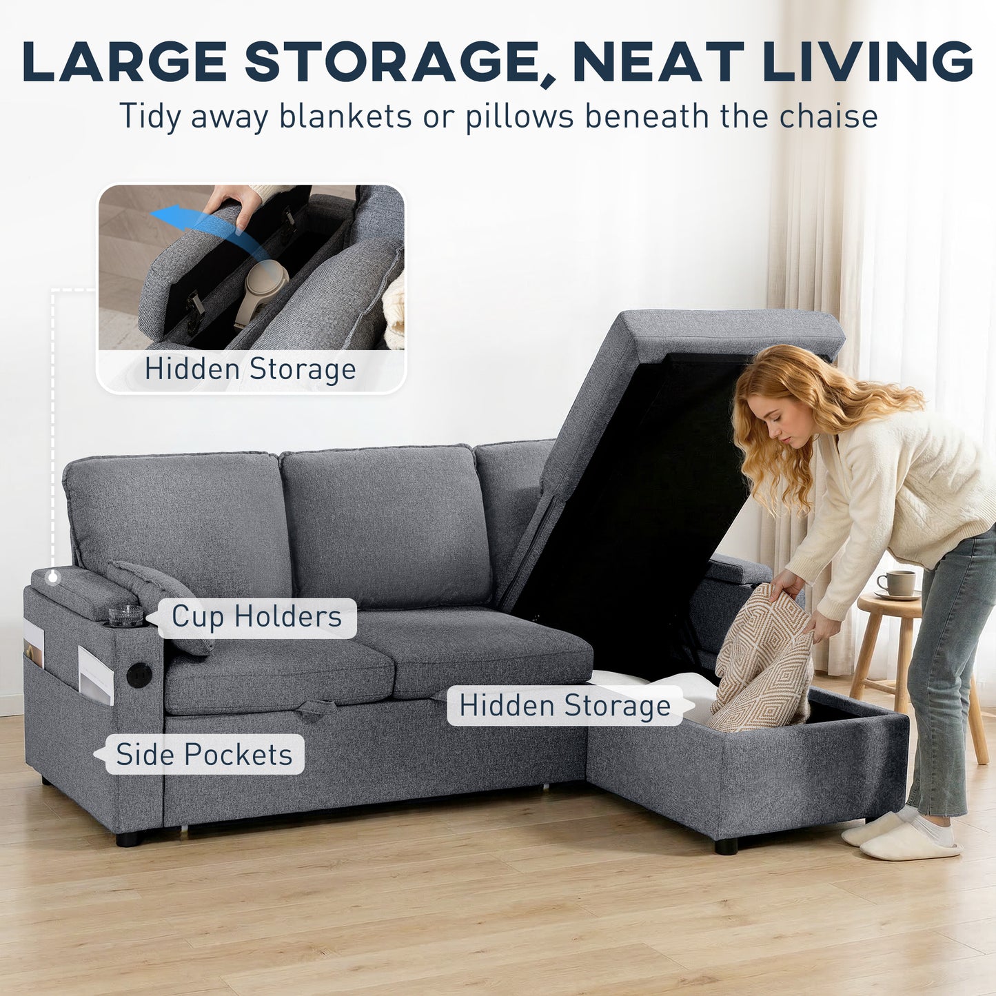 Corner Sofa Bed, L Shaped Sofa with Storage Chaise, USB Ports, Grey