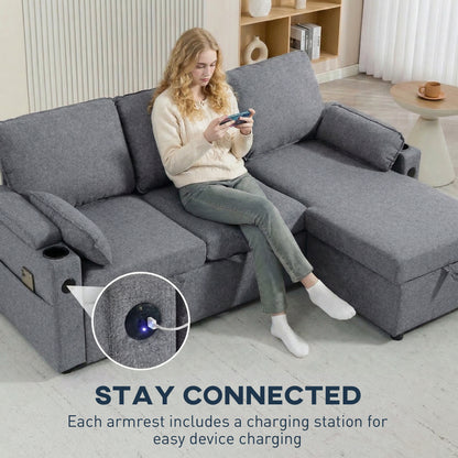 Corner Sofa Bed, L Shaped Sofa with Storage Chaise, USB Ports, Grey