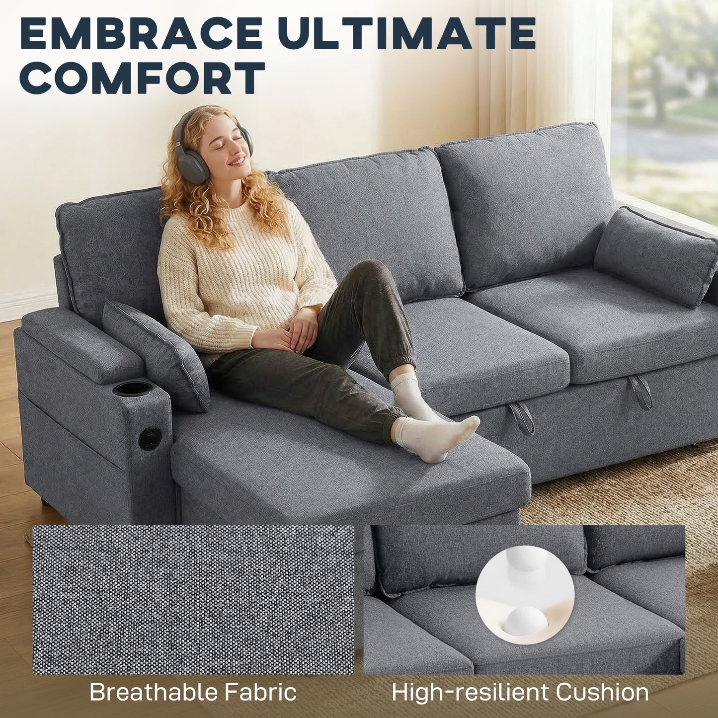 Corner Sofa Bed, L Shaped Sofa with Storage Chaise, USB Ports, Grey