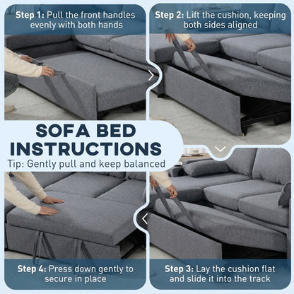 Corner Sofa Bed, L Shaped Sofa with Storage Chaise, USB Ports, Grey