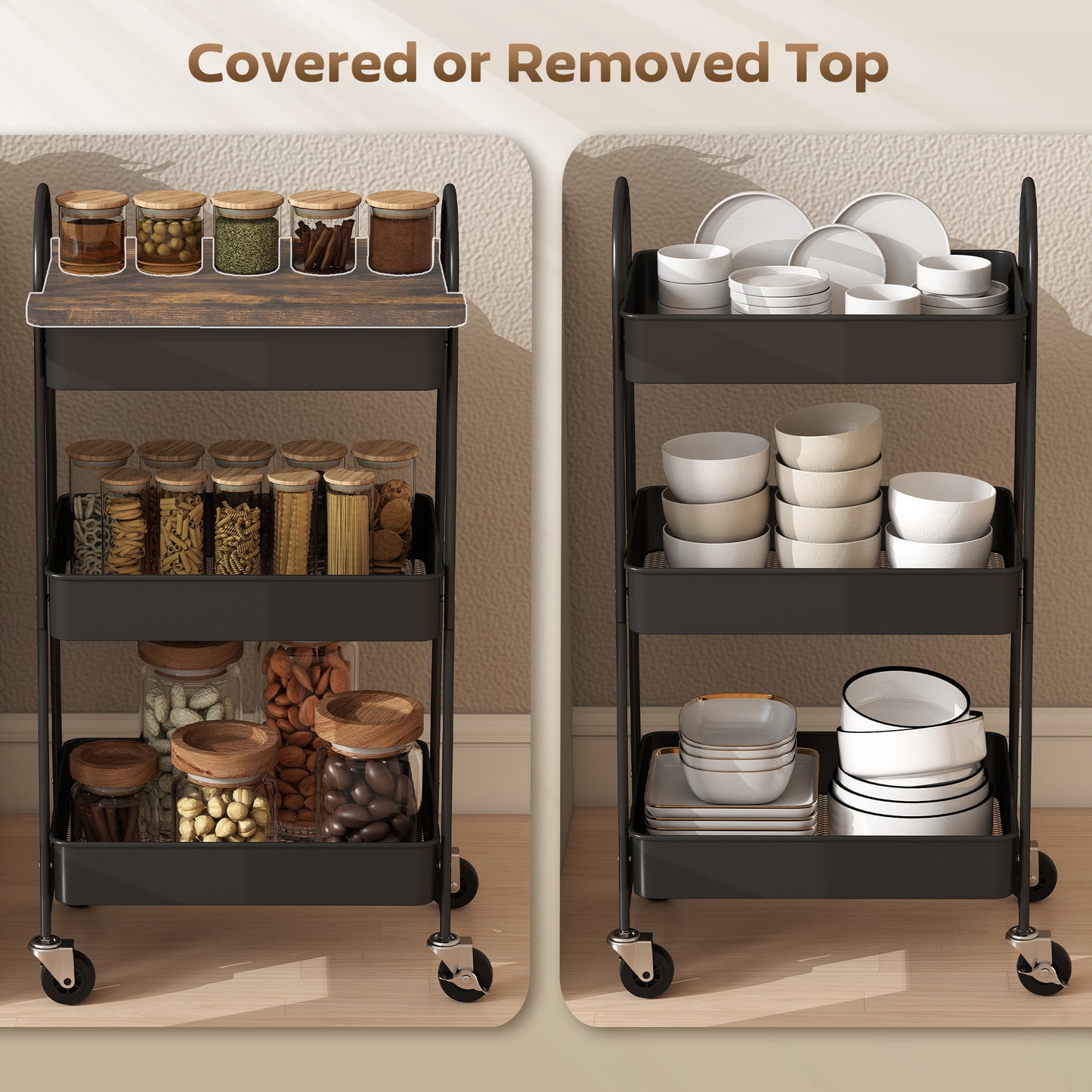 Rolling Utility Cart with Mesh Baskets for Kitchen Rustic Brown Black