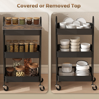 Rolling Utility Cart with Mesh Baskets for Kitchen Rustic Brown Black