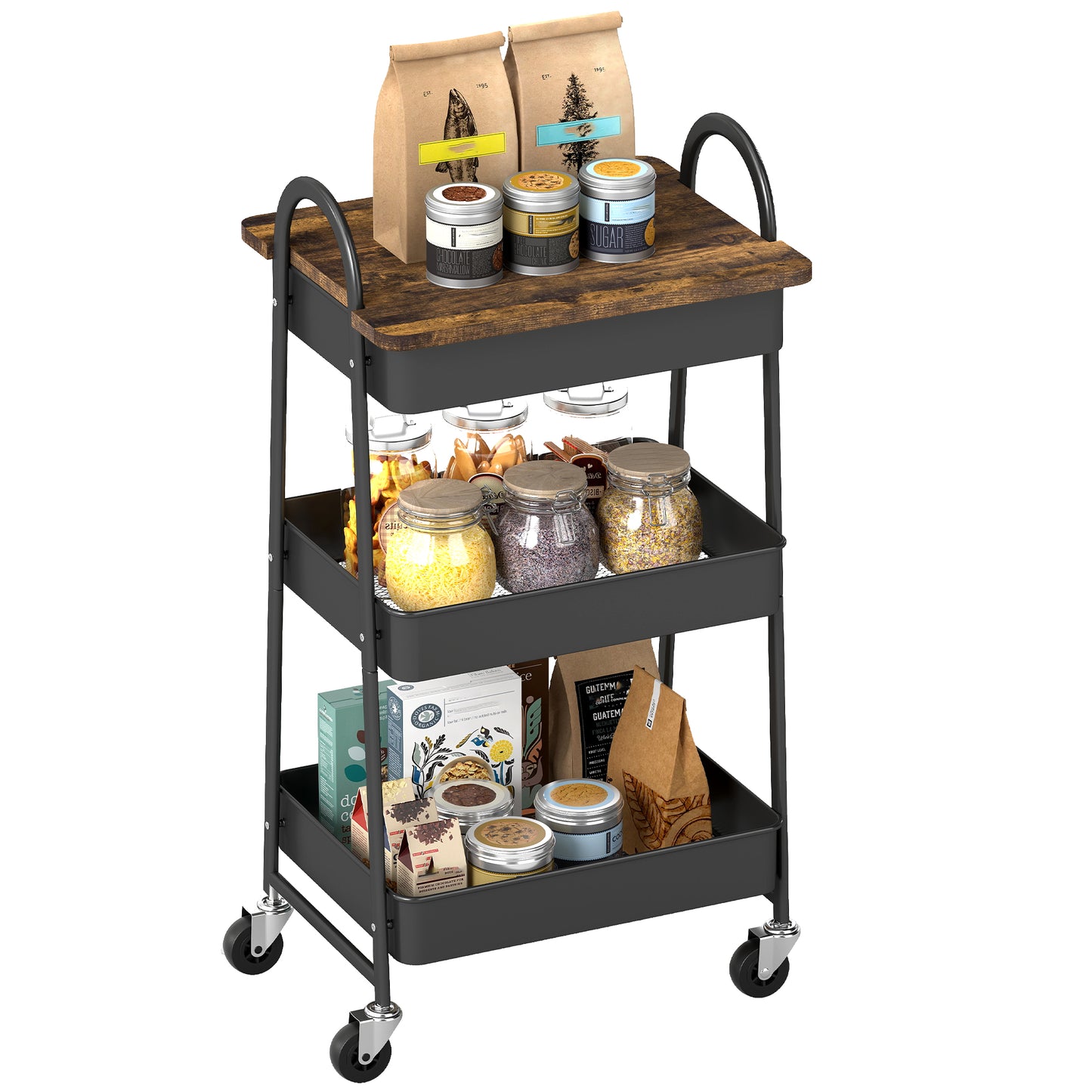 Rolling Utility Cart with Mesh Baskets for Kitchen Rustic Brown Black