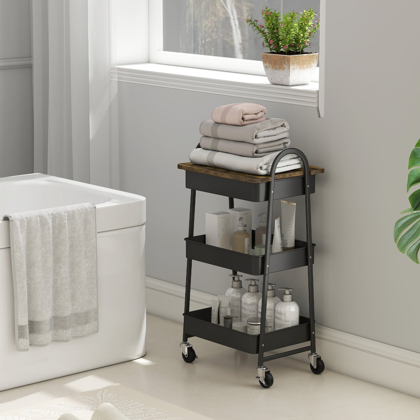 Rolling Utility Cart with Mesh Baskets for Kitchen Rustic Brown Black