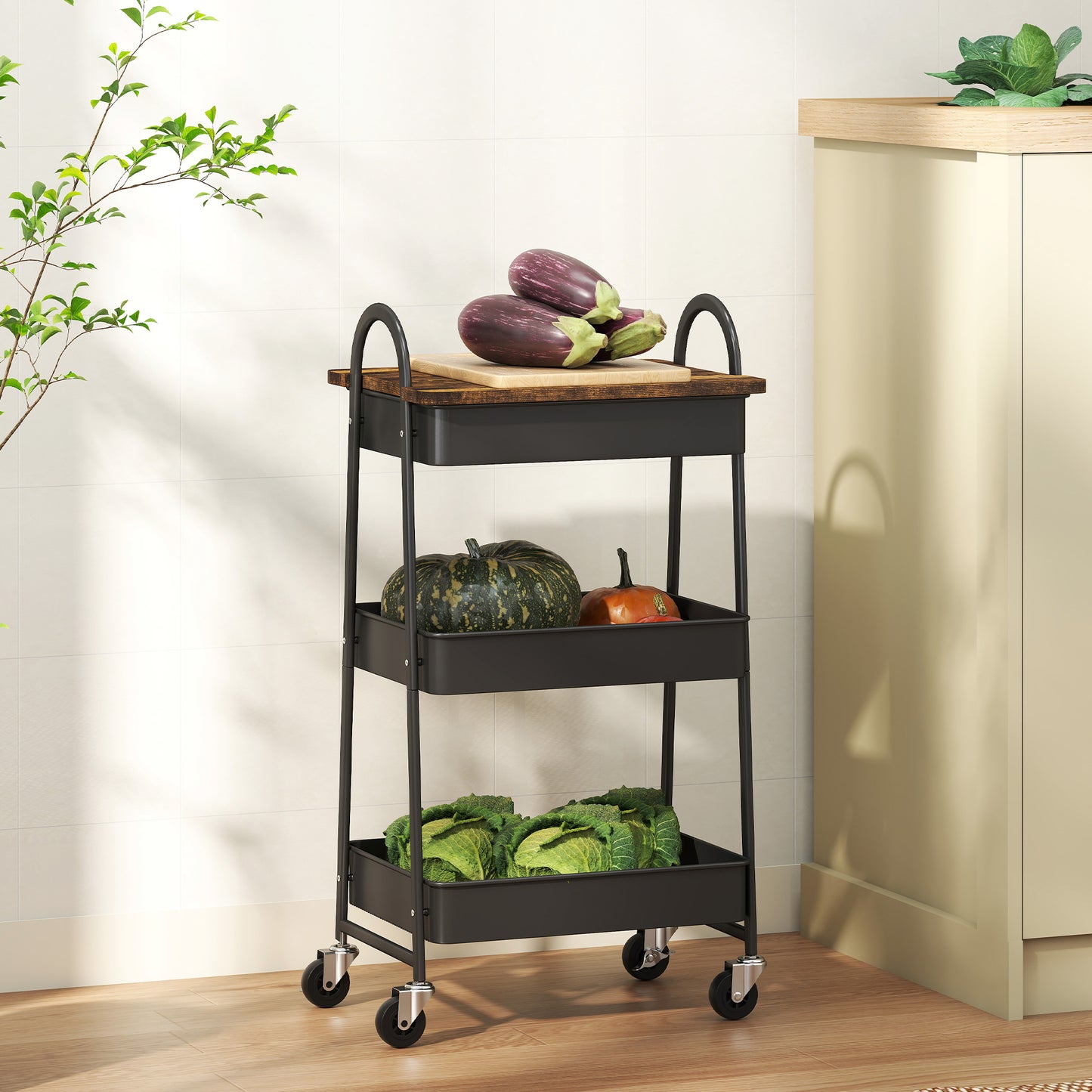 Rolling Utility Cart with Mesh Baskets for Kitchen Rustic Brown Black