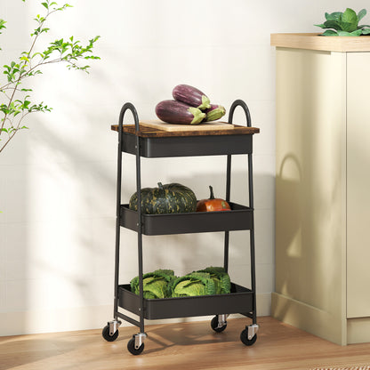 Rolling Utility Cart with Mesh Baskets for Kitchen Rustic Brown Black