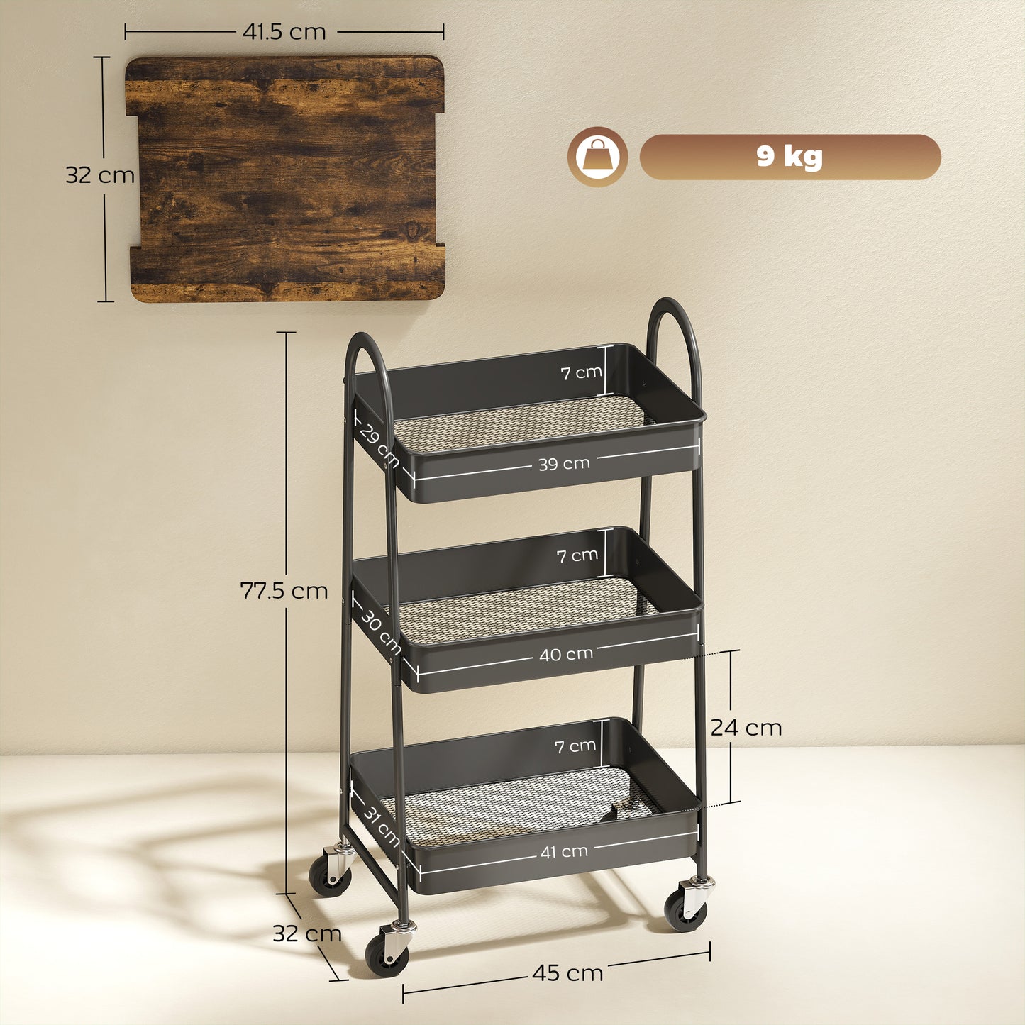 Rolling Utility Cart with Mesh Baskets for Kitchen Rustic Brown Black