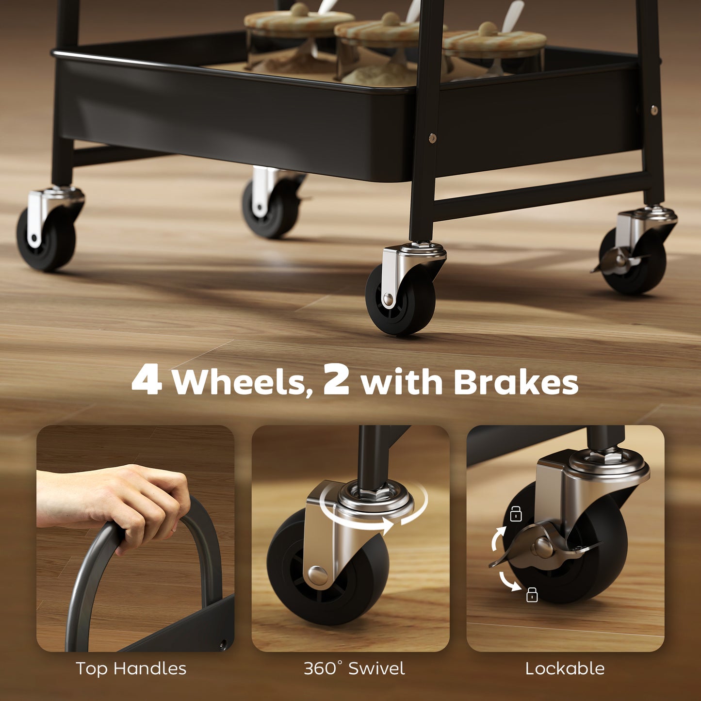 Rolling Utility Cart with Mesh Baskets for Kitchen Rustic Brown Black