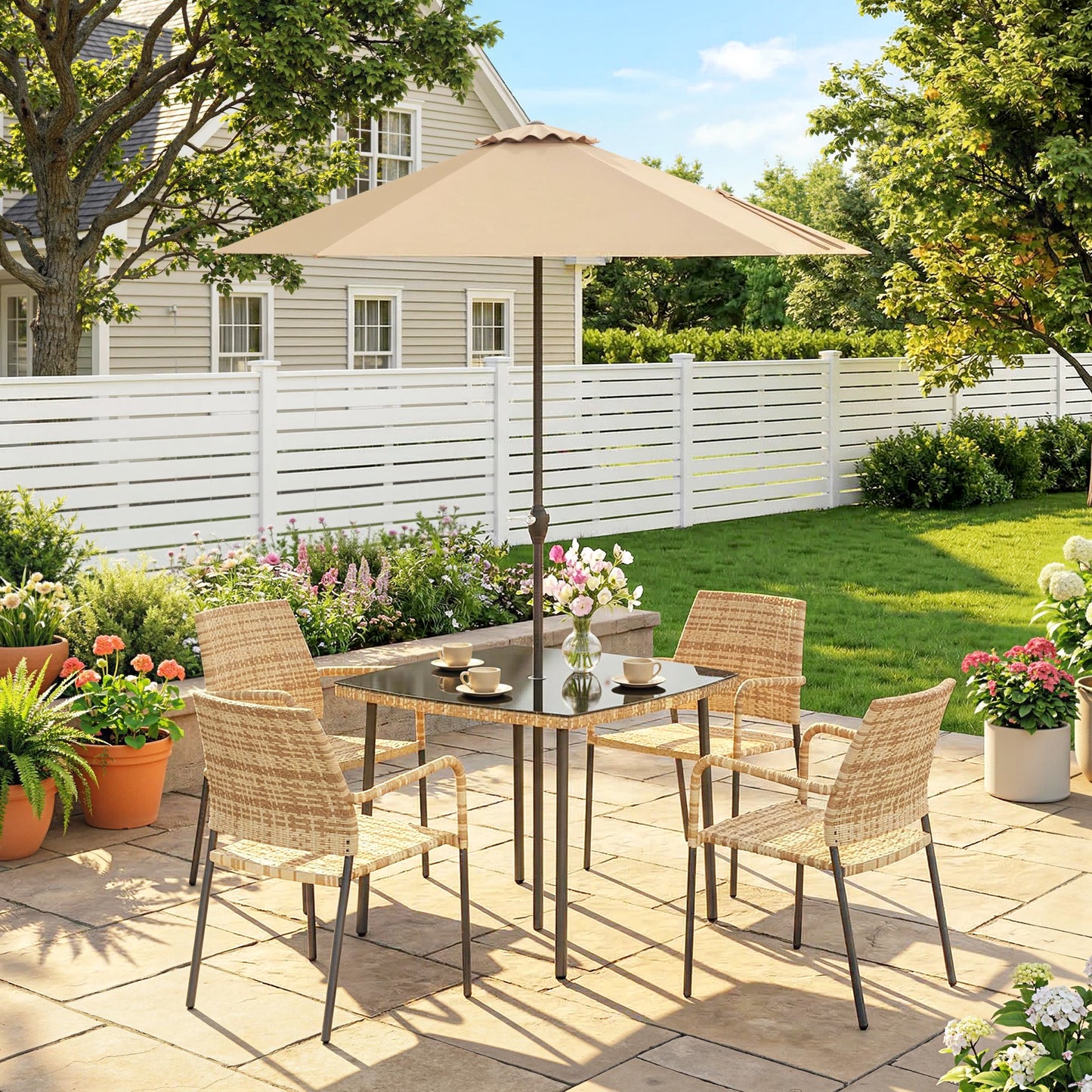 4 Seater Rattan Dining Set with Parasol, Light Brown