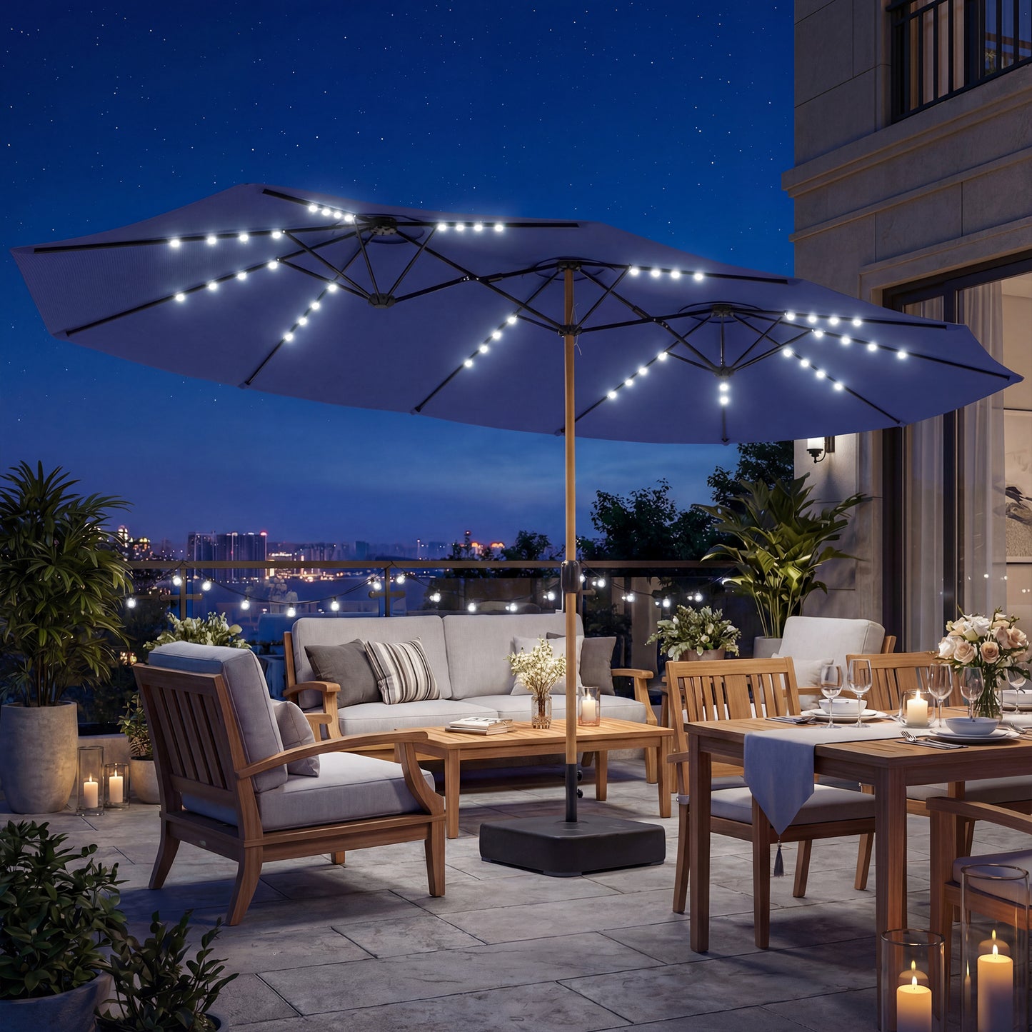 Double Sided Garden Parasol with 48 Solar LED Lights 4.6m Dark Blue